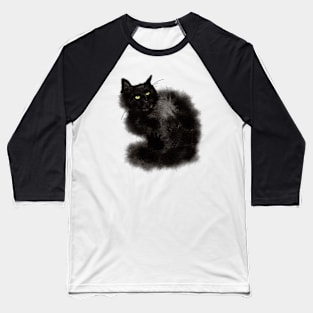 Cute Black Sitting Fluffy Cat Baseball T-Shirt